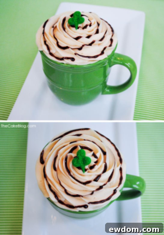 Indulgent Irish Coffee Cupcakes 3 Close-up of an Irish Coffee Cupcake showing the layers of chocolate cake, ganache, and espresso buttercream