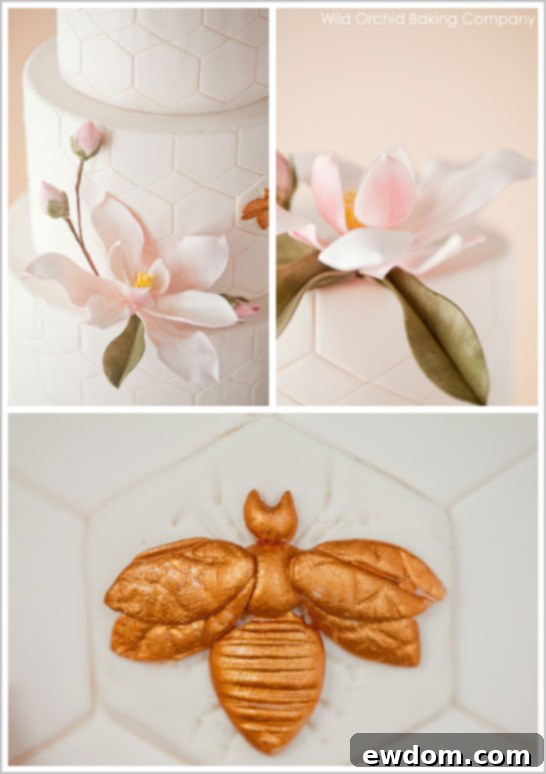 Gilded Bee and Magnolia Wedding Cake Details Wedding Cake with Gilded Bee and Gum Paste Magnolias