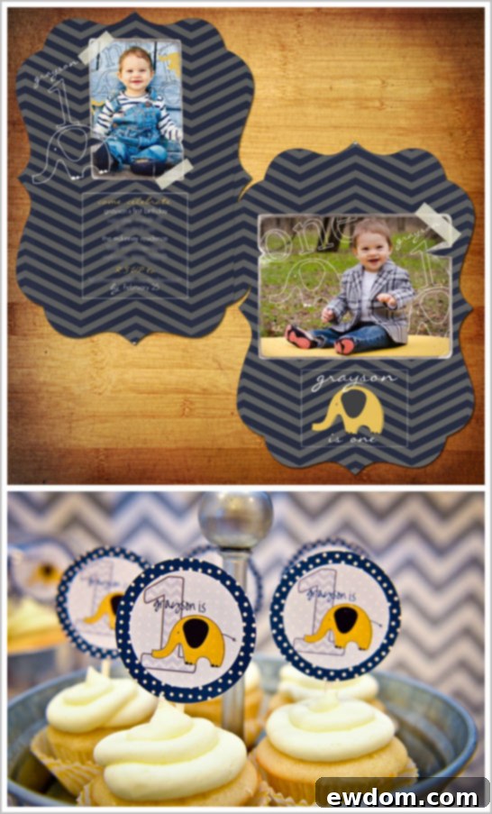 Chevron & Elephant First Birthday Party Grayson's Mod Elephant and Chevron First Birthday Party Invitation with Baby Portrait