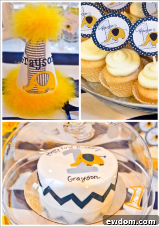 Chevron & Elephant First Birthday Party Grayson's First Birthday Cake with Mod Elephant and Chevron Design