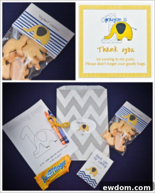 Chevron & Elephant First Birthday Party Grayson's First Birthday Party Table with Themed Food and Snacks