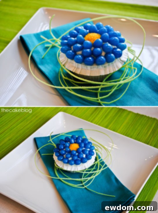 Jelly Bean Blossom Cupcakes 4 Beautifully arranged Jelly Bean Flower Cupcakes as a spring centerpiece