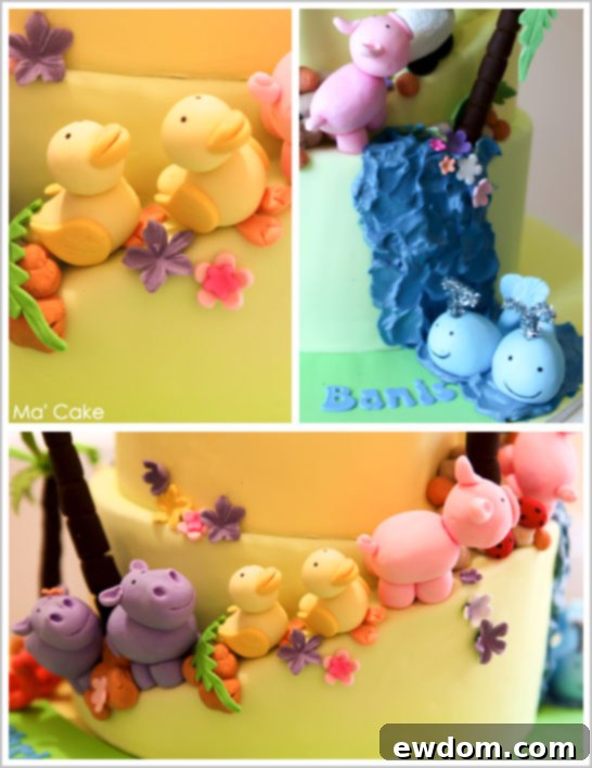 Noah's Ark Cake Close Up - Animals Climbing Mountain to Ark for Christening or First Birthday