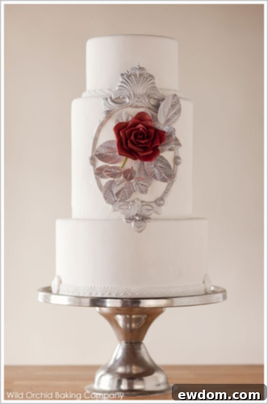 Modern Snow White Wedding Cake with Mirror Detail and Red Rose