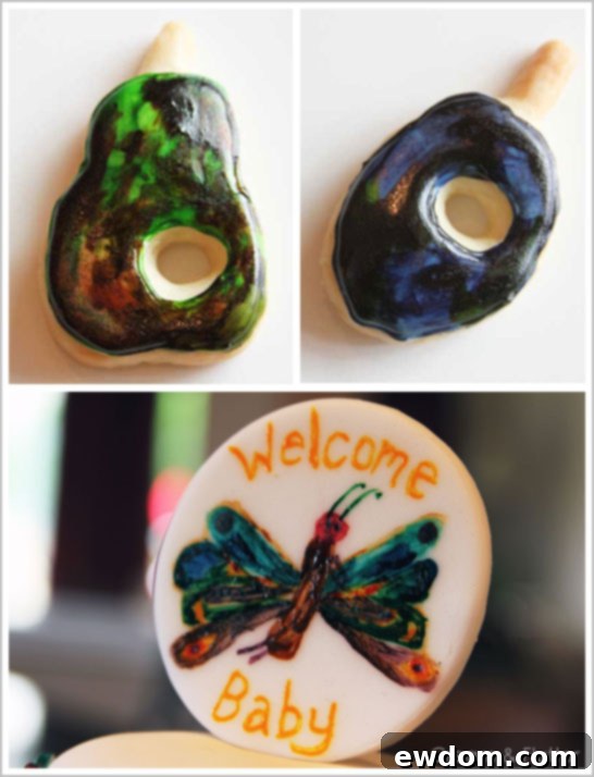 The finished product: Beautifully hand-painted Very Hungry Caterpillar Cookies