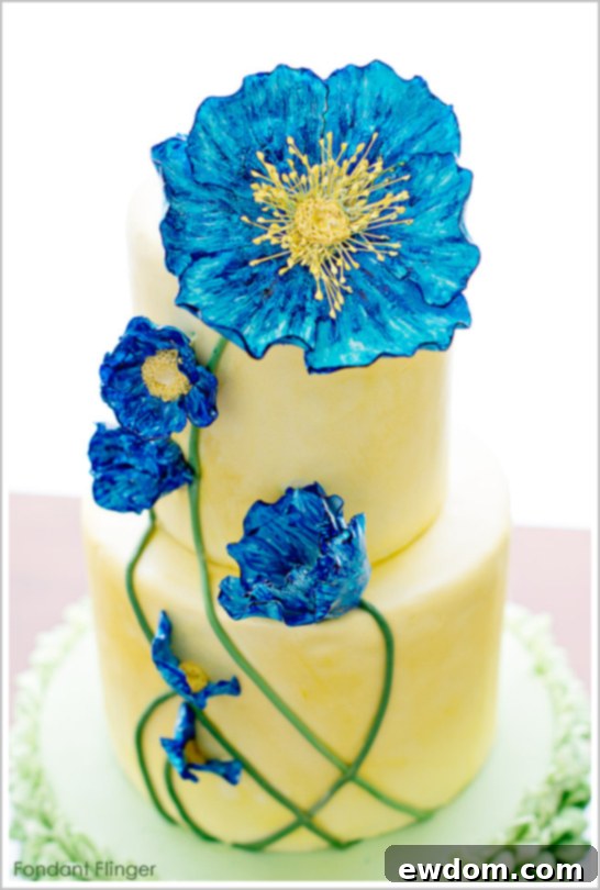 Intricate Blue Poppy Cake Details Close-up of Handcrafted Blue Poppy Sugar Flowers on Fondant Cake