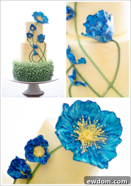 Artful Grass Ruffles on Cake Detailed View of Green Grass Ruffle Tier on Blue Poppy Cake