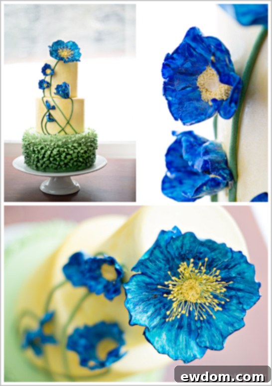 Blue Poppy Cake Flavor Profile Slice of Blue Poppy Flowers Cake revealing Chocolate Rum Layers