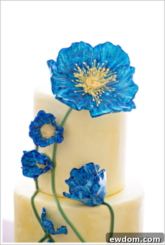 Fondant Flinger Masterpiece Overall View of Blue Poppy Flowers Cake on Display