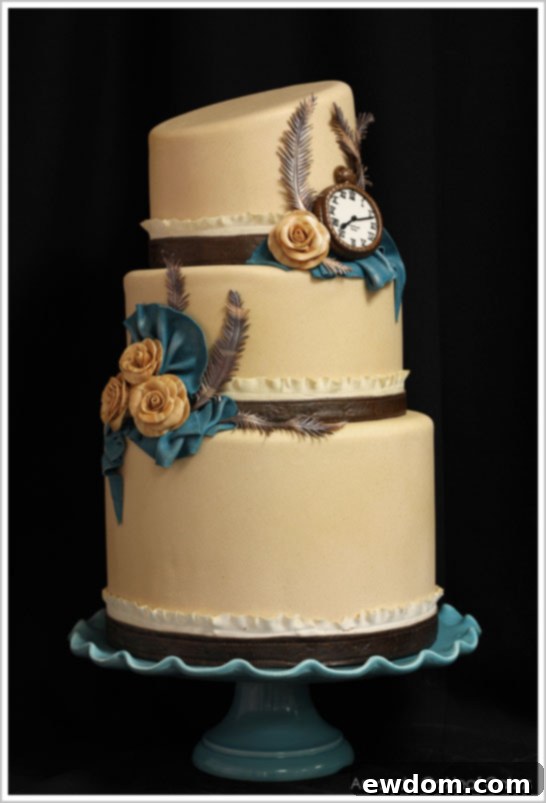 Victorian Steampunk Wedding Cake Design with Elegant Details Exquisite Victorian Steampunk Wedding Cake featuring gears and ruffles, by Amanda Oakleaf Cakes