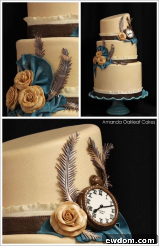 Steampunk Wedding Cake with Hand-Sculpted Sugar Details Detailed view of Steampunk Wedding Cake with exquisite hand-sculpted sugar gumpaste decorations and feathers
