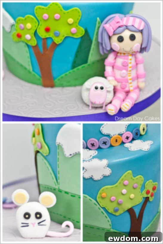 Detailed Lalaloopsy character fondant on birthday cake