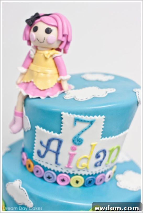 Close-up of vibrant Lalaloopsy cake details and sheep