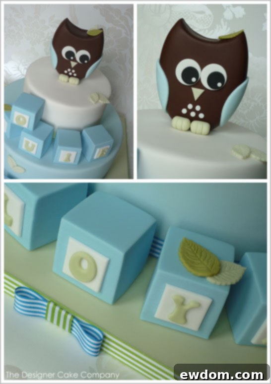 Close-up of Fondant Baby Blocks and Owl Cake Detail