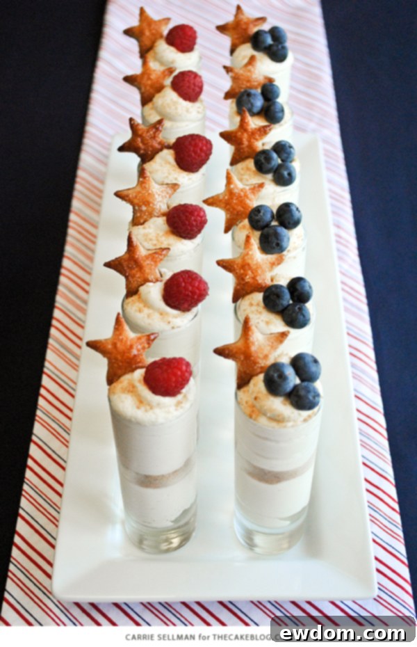 Stars and Stripes Cheesecake Delights 3 Patriotic No-Bake Cheesecake Shots layered with graham cracker crumbs and fresh berries