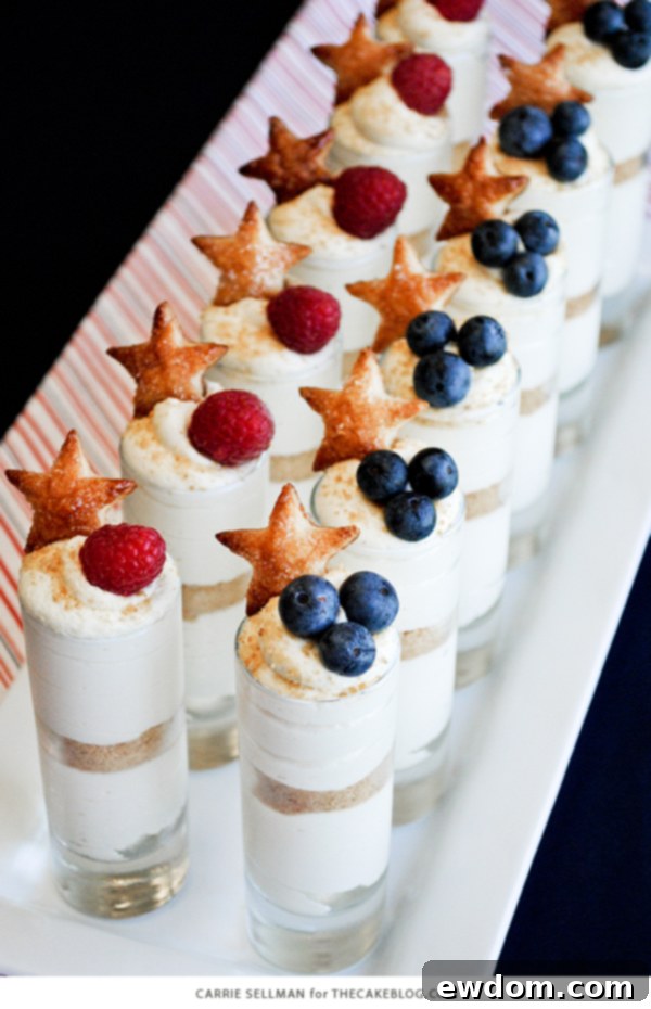 Stars and Stripes Cheesecake Delights 4 Close-up of No-Bake Cheesecake Shots topped with fresh raspberries, blueberries, and puff pastry stars