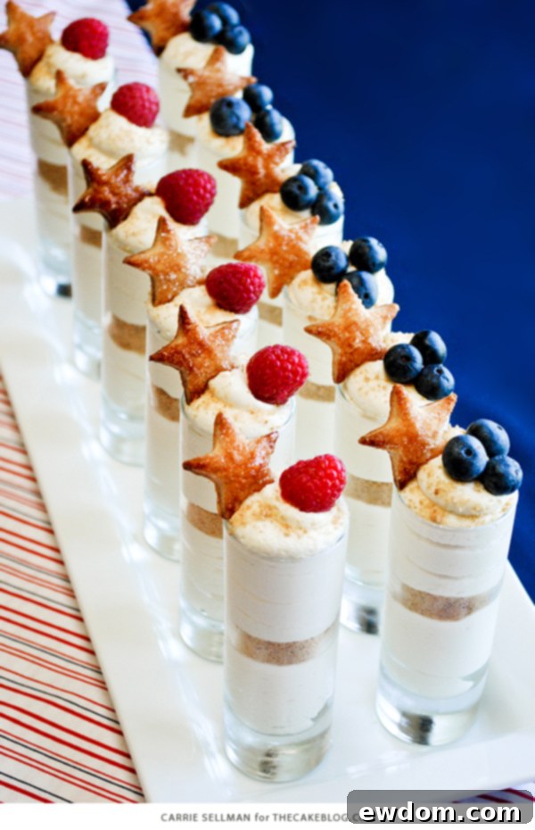 Stars and Stripes Cheesecake Delights 6 Completed Stars and Stripes No-Bake Cheesecake Shots ready for a 4th of July party
