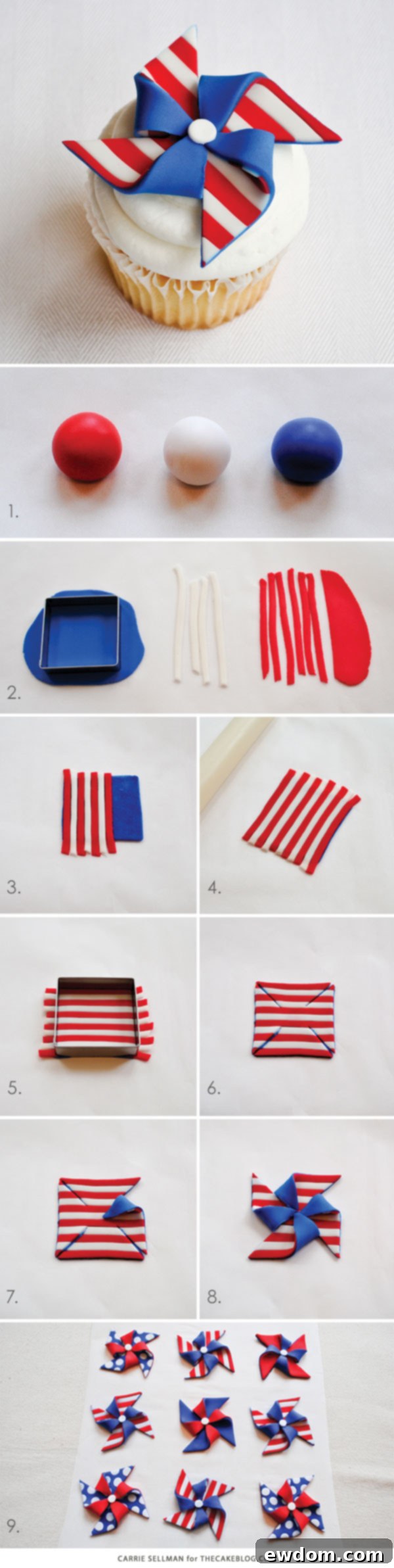 Arrangement of tools and red, white, and blue fondant ready for crafting striped pinwheel cupcake toppers