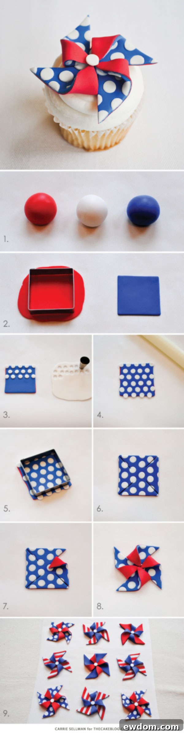 Tools and fondant in red, white, and blue, laid out for making polka dot pinwheel cupcake toppers