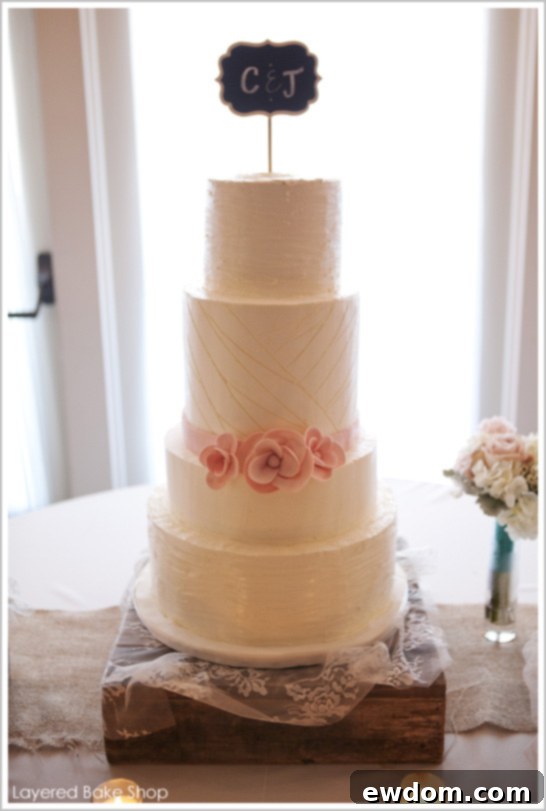 Close-up of the Silk & Tulle Wedding Cake by Layered Bake Shop, highlighting intricate buttercream carving and sugar flower details that replicate a bridal gown.