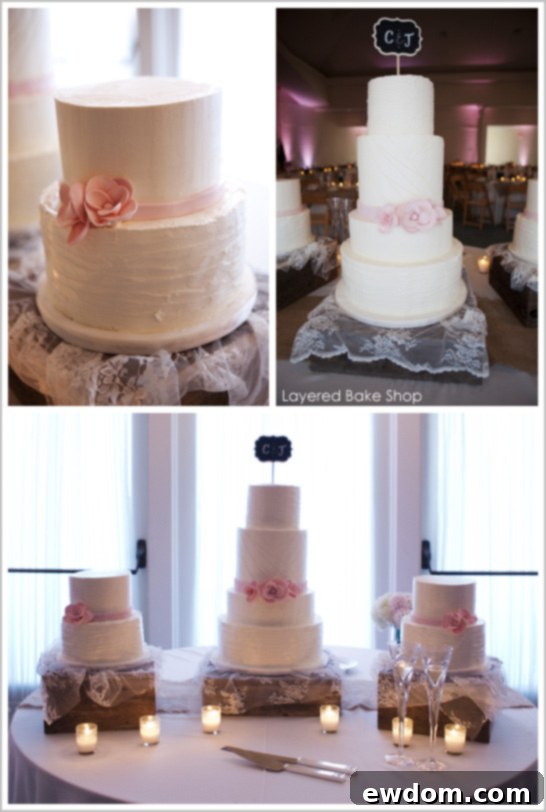 Elegant wedding cake display featuring the Silk & Tulle Wedding Cake by Layered Bake Shop with coordinating side cakes and rustic-chic decor, perfect for a personalized wedding celebration.