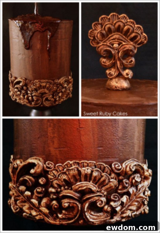 Carved Ganache by Sweet Ruby Cakes  | TheCakeBlog.com - Close-up of hand-carved chocolate ganache detailing with edible gold highlights on a unique cake.