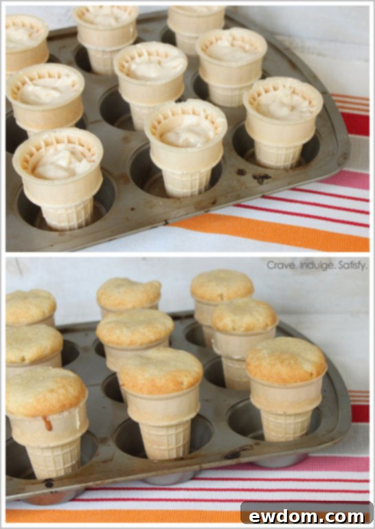 Ice Cream Cone Cupcakes Baking Process: Cake Batter in Cones