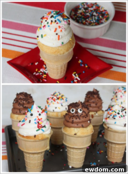 Ice Cream Cone Cupcakes Topped with Candy Eyes and Sprinkles