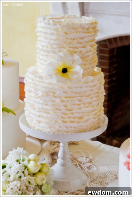 Elegant Summery Ruffle Cake by Ma' Cake, a two-tier white cake with delicate fondant ruffles and a subtle yellow sugar flower, ideal for a romantic wedding.