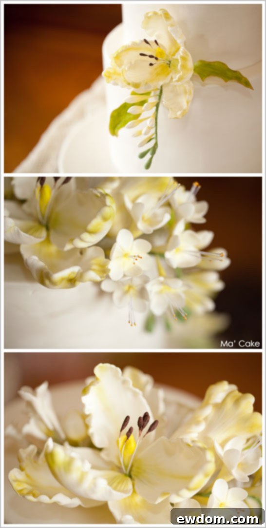 Summery Cake Trio by Ma' Cake, showcasing a minimalist cake design with two delicate pink sugar blooms, presented on an antique table for sophisticated events.
