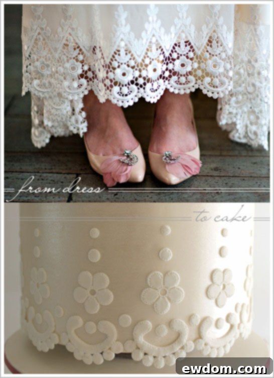 Vintage Lace Wedding Cake by Little Wish Cakes, inspired by bridal shoes and lace dress hem. Exquisite cake art.
