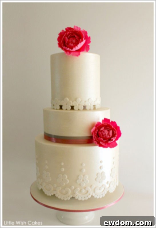 Full view of the 'Vintage Lace' bespoke wedding cake by Shevi of Little Wish Cakes, a stunning dress to cake interpretation.