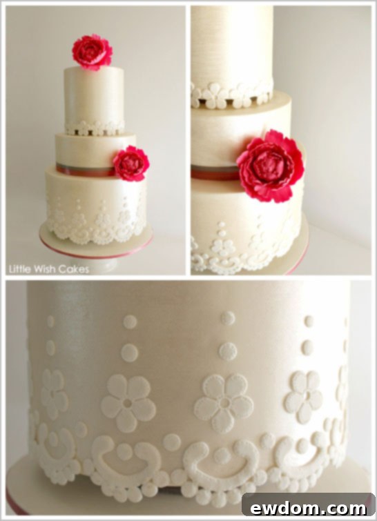 Detail of the 'Vintage Lace' cake's intricate edible lace, reflecting the inspiration from a bridal dress.