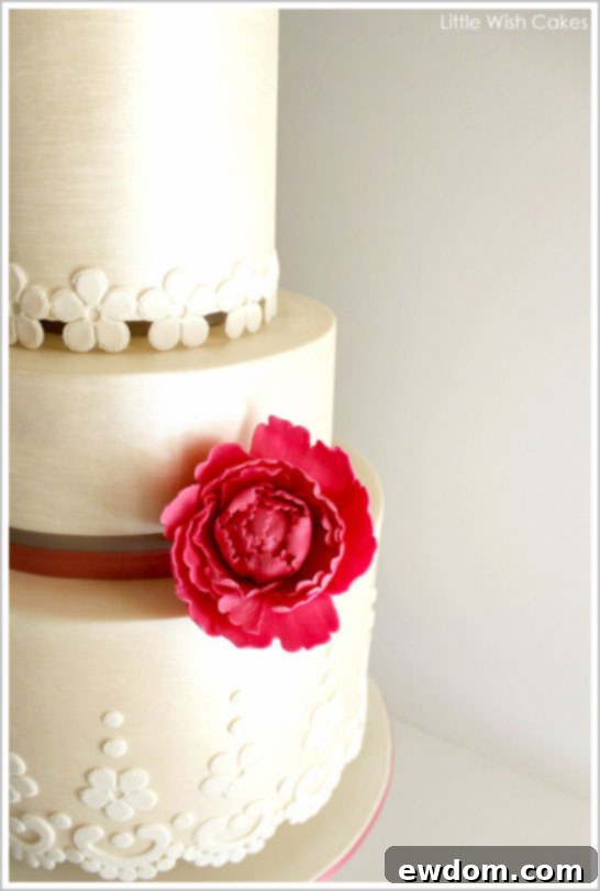 Close-up of the exquisite sugar peony and raw silk texture on the 'Vintage Lace' wedding cake by Little Wish Cakes.