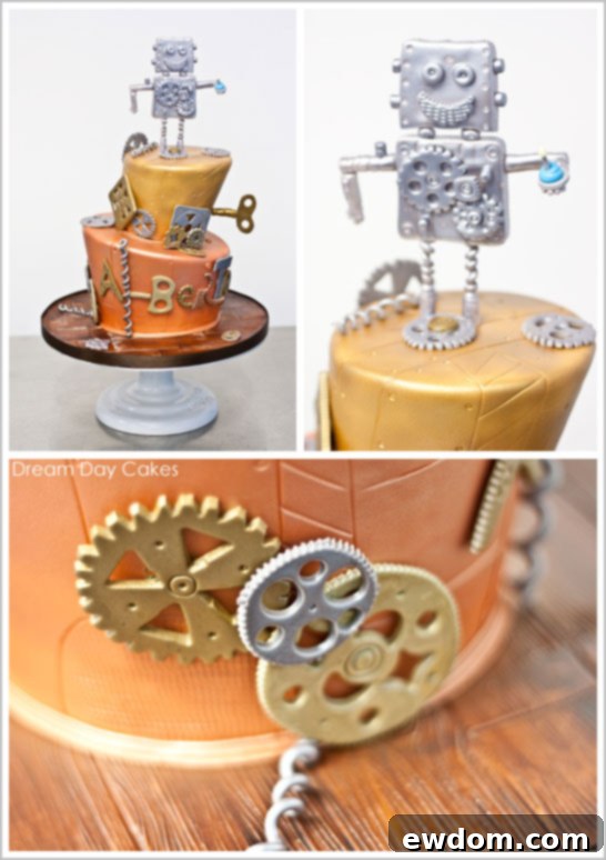 Robot Birthday Cake by Dream Day Cakes | TheCakeBlog.com Close-up of the Steampunk Robot Birthday Cake's intricate details, showing hand-shaped gears, metallic fondant textures, and industrial piping.