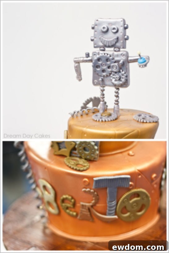 Robot Birthday Cake by Dream Day Cakes | TheCakeBlog.com Full view of the magnificent Steampunk Robot Birthday Cake from Dream Day Cakes, showcasing all intricate details and the charming robot topper.