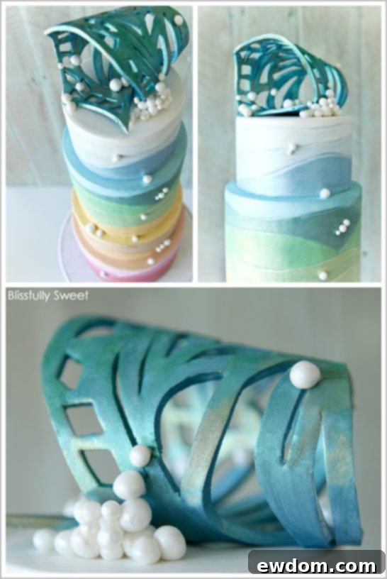 Close-up of the sculpted wave topper on the Ocean Sunset Cake, highlighting its intricate design and iridescent finish.