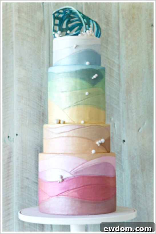 Close-up of the lower tiers of the Ocean Sunset Cake, highlighting the embossed wave patterns and color gradient.