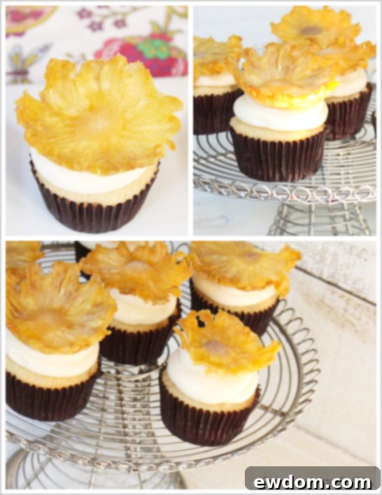 Array of Tropical Pineapple Cupcakes featuring dried pineapple flower decorations | TheCakeBlog.com