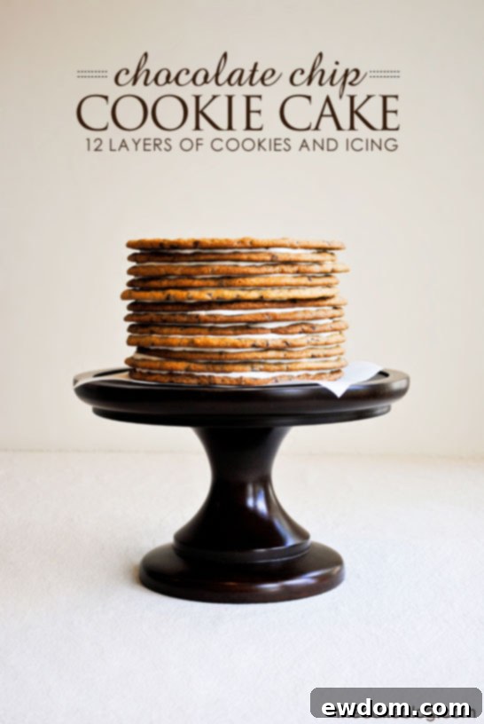 The ultimate Chocolate Chip Cookie Layer Cake, featuring towering layers of delicious chocolate chip cookies and creamy buttercream frosting.