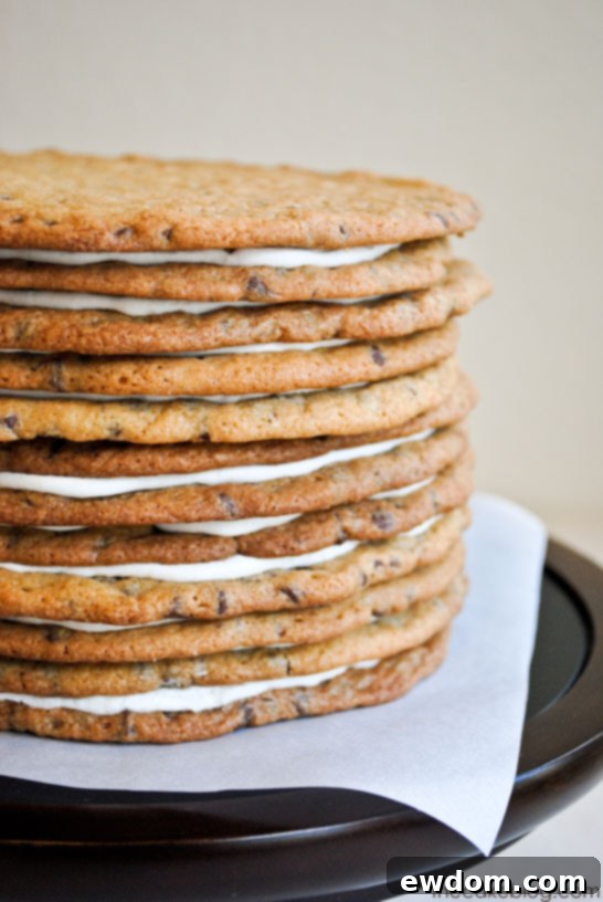 A beautifully sliced Chocolate Chip Cookie Layer Cake, revealing its intricate layers of golden cookies and fluffy white buttercream frosting.