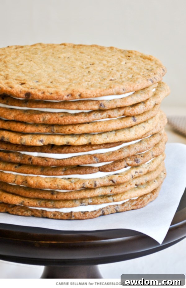Two generous slices of Chocolate Chip Cookie Layer Cake, one plain and one topped with a scoop of vanilla ice cream, ready to be devoured.