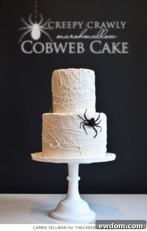 Spooky Marshmallow Web Cake 2 How to Make a Marshmallow Spiderweb Cake for Halloween | Easy Tutorial by Carrie Sellman for TheCakeBlog.com