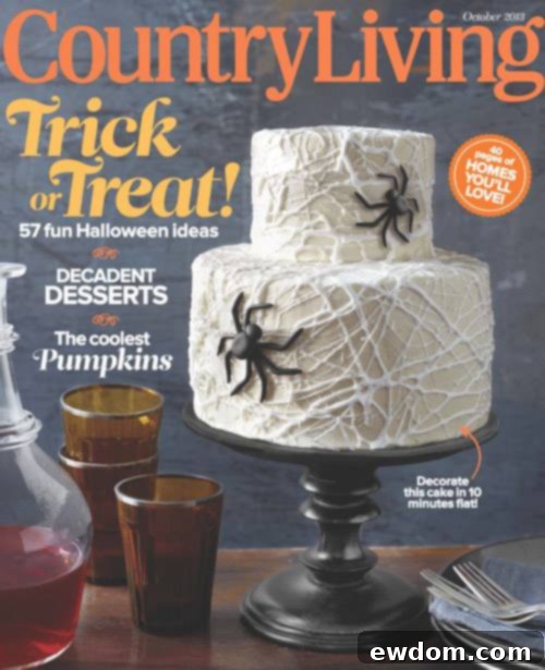 Spooky Marshmallow Web Cake 6 Country Living Magazine Cover October 2013 featuring Marshmallow Spiderweb Cake