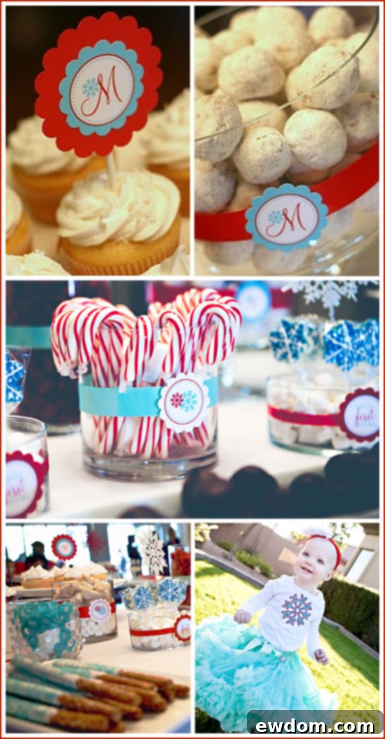 Aqua and Red Snowflake First Birthday Party Dessert Table