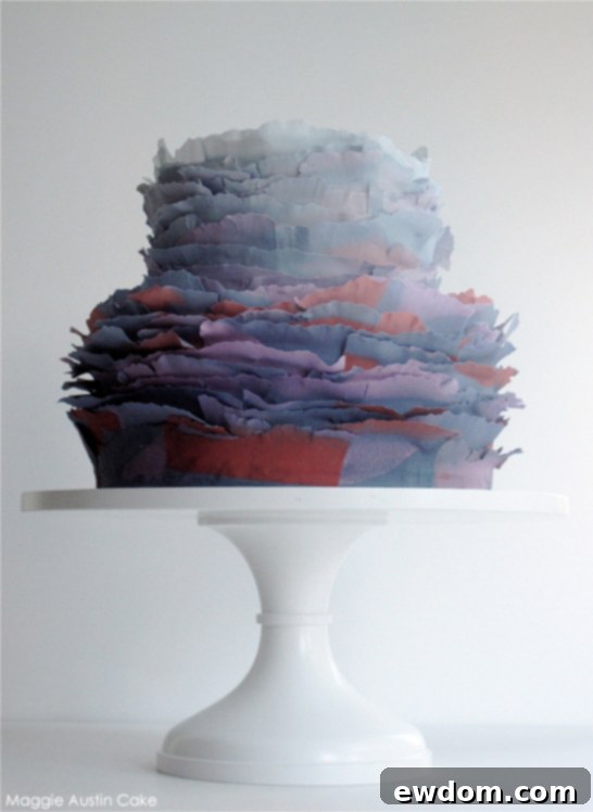 Dappled Gradient Waves 2 Maggie Austin's stunning Mottled Ombré Frills cake showcasing intricate fondant work and deep color transitions.