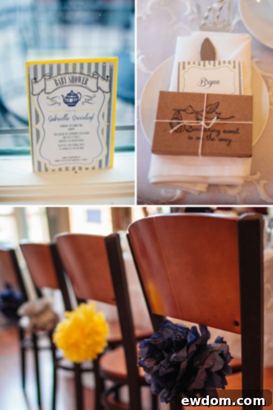 Baby Shower event decor and details, including charming tea party elements, complementing the Spirals & Poms Cake theme and setting.