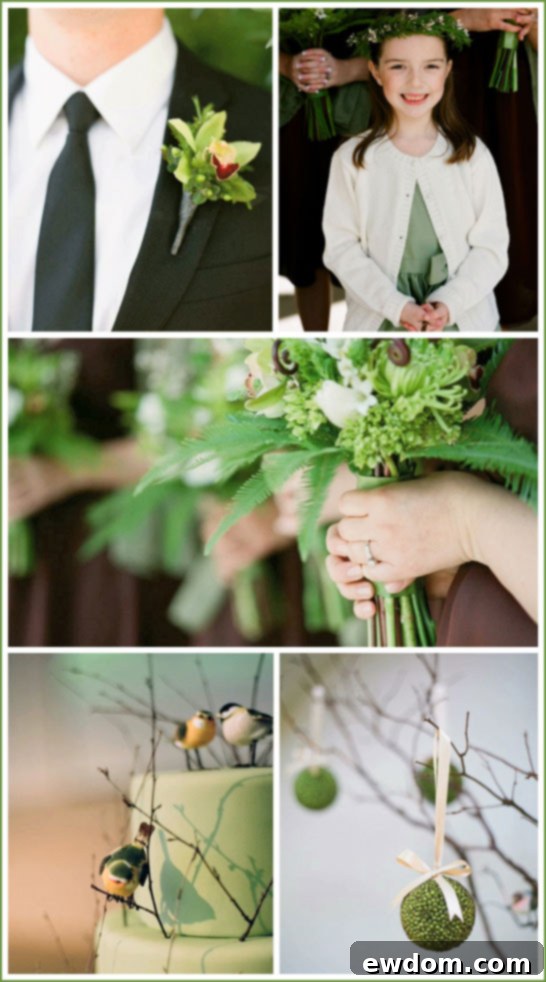 Brown and Green Wedding Cake with Tree Trunk Stand