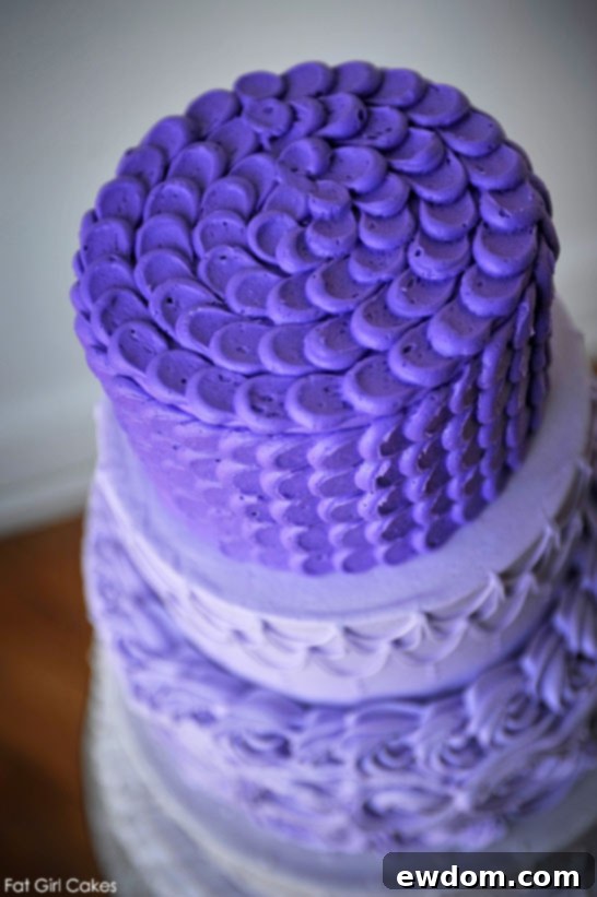 Elegant Purple Ombre Buttercream Cake by Fat Girl Cakes, displaying various buttercream styles.