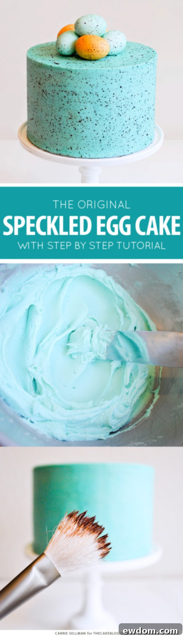 Flecked Fable Cake 2 A beautifully decorated Speckled Easter Egg Cake, showcasing a robin's egg blue frosting and chocolate speckles. Perfect for spring celebrations. | by Carrie Sellman for TheCakeBlog.com